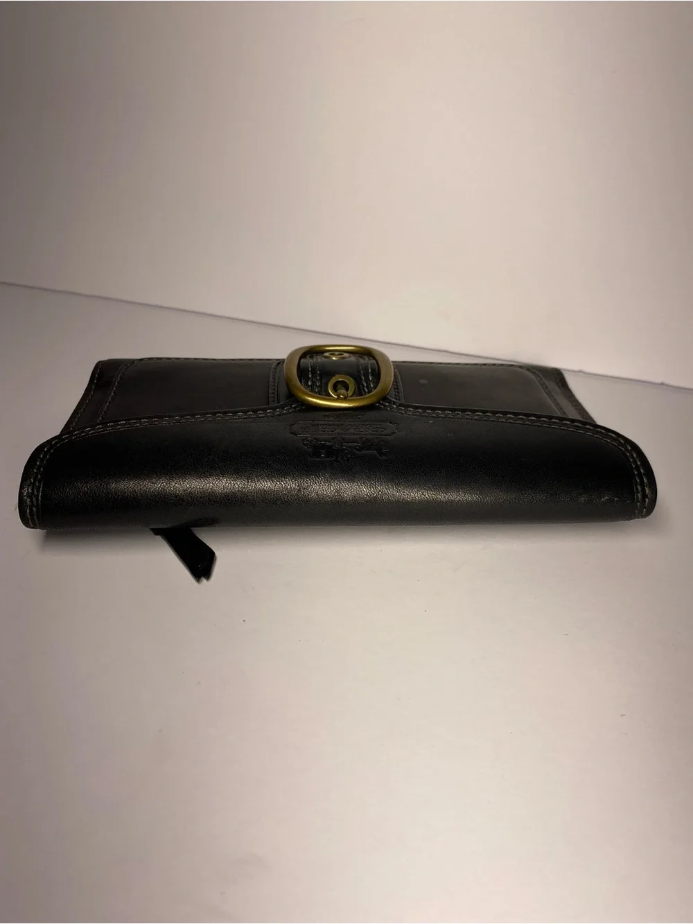 Coach Bleecker Black Leather Wallet with Brass Buckle